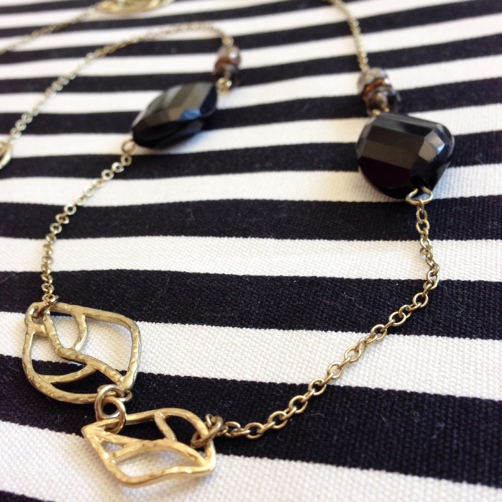 Gold Leaf and Black Bead Long Necklace